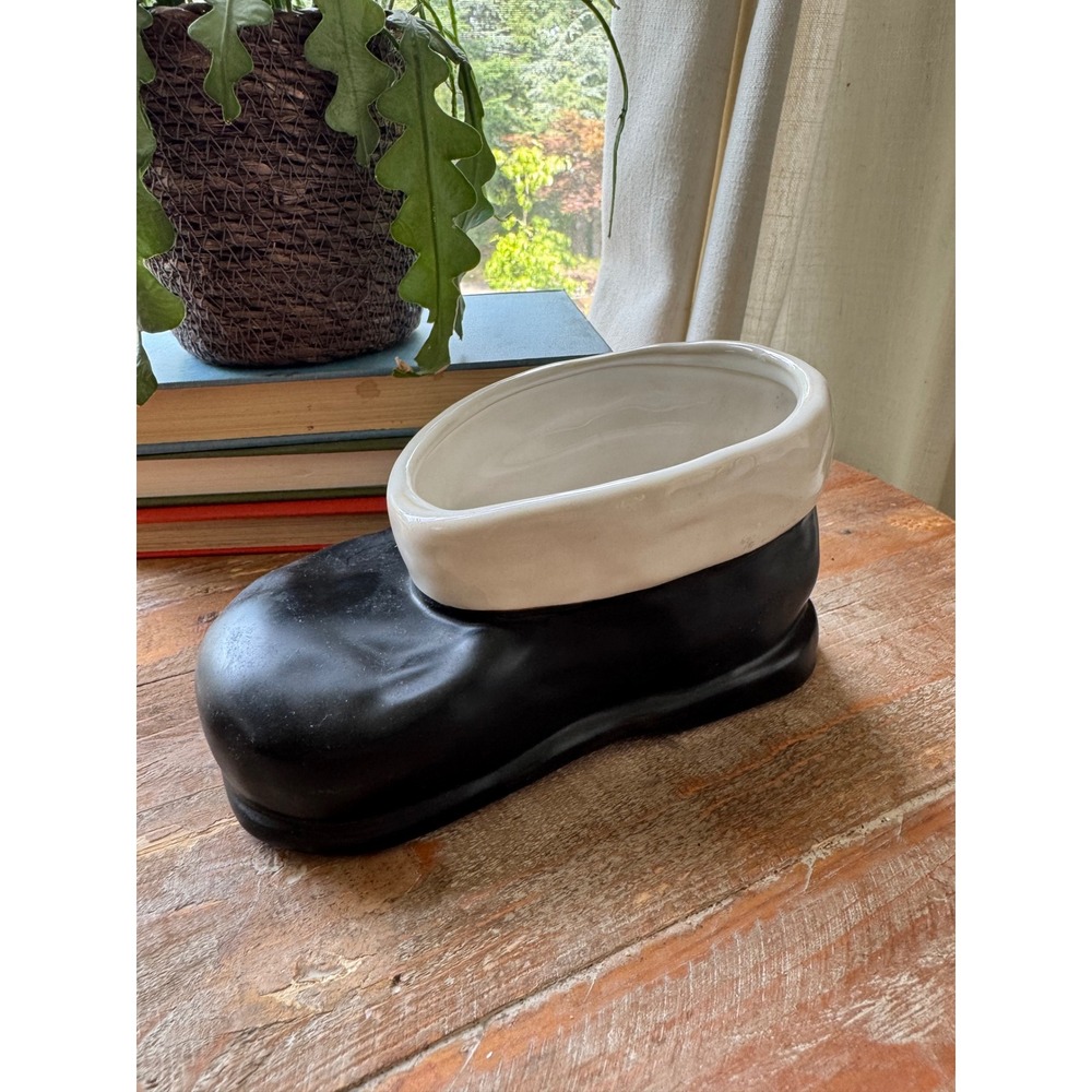 Pottery Barn Santa Boot Ceramic Planter Candy Dish Black White Holiday‎ Decor